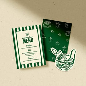 May include: A menu and a card with a green and white striped design. The menu reads "Locally Grown Menu" with a list of starters, main courses, and dessert. A green card with fruit illustrations and a sticker with the name "Bridgette" are also present.