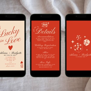Convite digital de casamento Lucky in Love em Las Vegas, cartas de baralho para casamento, modelo de convite para celular, papelaria vintage para casamento