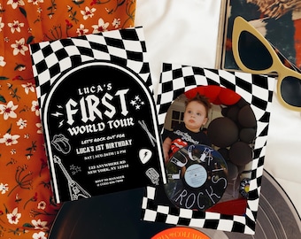 Modello di invito di compleanno per il primo tour mondiale, invito di primo compleanno Rock, Rock N Roll, decorazioni alternative per feste di compleanno Rock