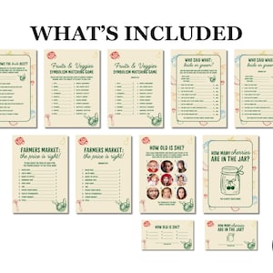 May include: A collection of printable game cards with various themes, including "Who Knows the Bride Best?", "Fruits & Veggies Symbolism Matching Game", and "Farmers Market: The Price is Right!" The cards feature illustrations and text.
