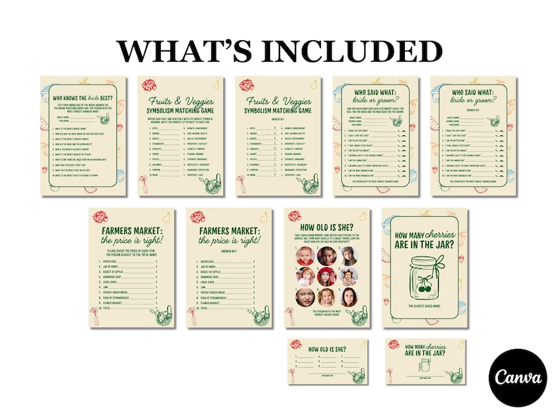 May include: A collection of printable game cards with various themes, including "Who Knows the Bride Best?", "Fruits & Veggies Symbolism Matching Game", and "Farmers Market: The Price is Right!" The cards feature illustrations and text.