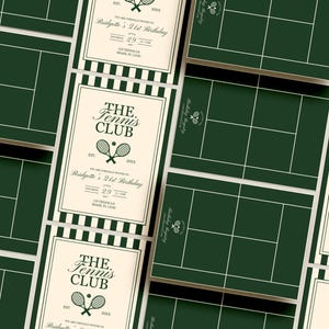 May include: An arrangement of tennis court-themed invitations and backgrounds. The invitations feature the text "The Tennis Club" with tennis racket graphics. The invitations also include details for Bridgette's 21st birthday.