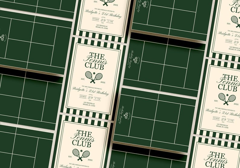 May include: An arrangement of tennis court-themed invitations and backgrounds. The invitations feature the text "The Tennis Club" with tennis racket graphics. The invitations also include details for Bridgette's 21st birthday.