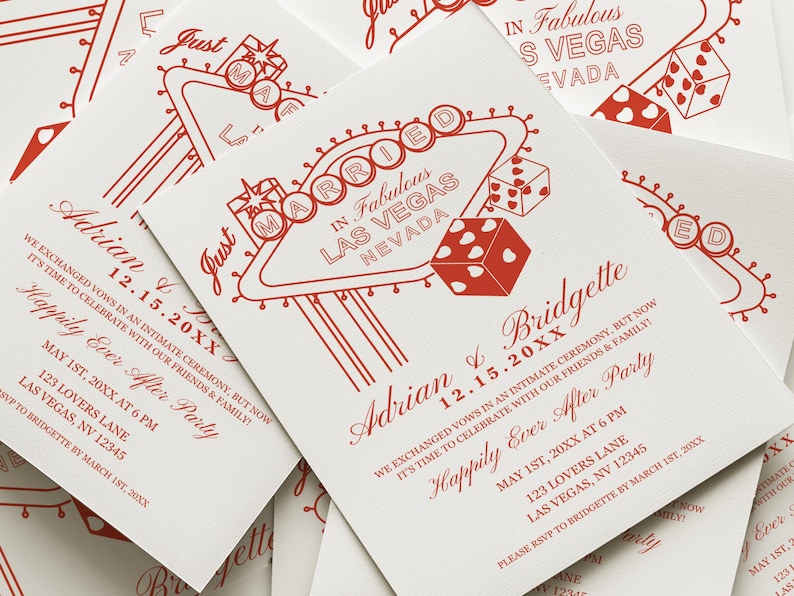 May include: Red and white wedding invitation with a Vegas-themed design. The invitation features a red and white illustration of the iconic "Welcome to Fabulous Las Vegas" sign with dice and hearts. The text on the invitation reads "Just Married in Fabulous Las Vegas, Nevada" and includes the names Adrian and Bridgette and the date 12.15.20XX.