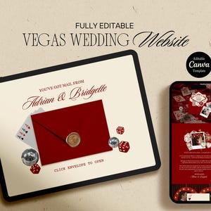 May include: A digital wedding website template with a Vegas theme. The design features a tablet and smartphone displaying the website layout. The tablet shows a red envelope with a gold seal, dice, and playing cards. Text includes "Vegas Wedding Website."