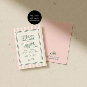 Puede incluir: Una tarjeta de invitaci&oacute;n a rayas rosas y blancas con el texto "The Pilates Social Club" y un dibujo de un aparato de Pilates. Hay una tarjeta rosa a juego al lado. El texto "Make it yours - adjust colors, fonts, and every element with ease" est&aacute; en un c&iacute;rculo negro.