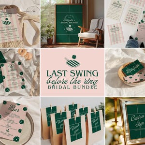 May include: A selection of pink and green bridal shower decorations, including invitations, gift bags, and a framed sign. The theme is "Last Swing Before the Ring". Various items feature a pickleball paddle design.