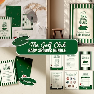 May include: A selection of green and white baby shower stationery with a golf theme. The bundle includes invitations, menus, and game cards. Text includes "The Golf Club Baby Shower Bundle" and baby shower details.