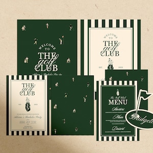 May include: A collection of golf-themed stationery, including invitations and menus. The designs feature a dark green and white color scheme with golf course illustrations and the text "Welcome to The Golf Club".