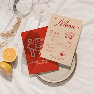 MENU DE CASAMENTO e cartões de lugar desenhados à mão para casamento em Las Vegas Cartas de baralho Lucky in Love Modelo de menu de casamento Vintage Wedding Las Vegas