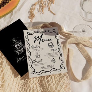 HOCHZEIT Menü und Tischkarten Handgezeichnete schrullig Hochzeit Briefpapier Spaß kundenspezifische Hochzeitsmenü Vorlage Retro Hochzeit Gekritzel Illustration