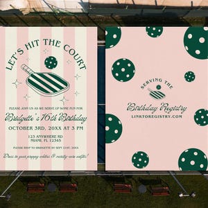 May include: A pink and white striped invitation with green and white paddleball illustrations. The text reads "Let's Hit the Court" and "Bridgette's 16th Birthday". The invitation includes the date, time, and location of the event. The second card is pink with green and white paddleball illustrations and the text "Serving the Birthday Registry" and "Linktoregistry.com".