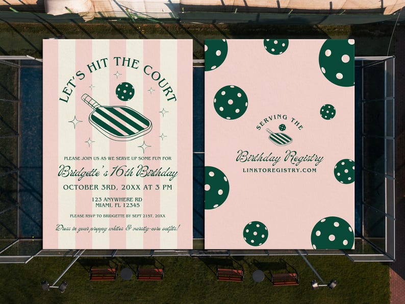 May include: A pink and white striped invitation with green and white paddleball illustrations. The text reads "Let's Hit the Court" and "Bridgette's 16th Birthday". The invitation includes the date, time, and location of the event. The second card is pink with green and white paddleball illustrations and the text "Serving the Birthday Registry" and "Linktoregistry.com".
