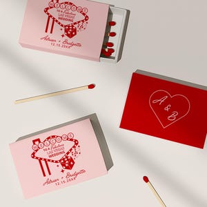 Plantilla de caja de cerillas personalizada para regalo de boda, dibujada a mano, personalizada, caja de cerillas de Las Vegas, colorida, escrita a mano, estilo vintage, para boda, tema de Las Vegas