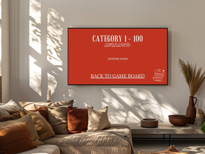 以下が含まれることがあります： 「CATEGORY 1 - 100 answer」「ANSWER HERE」「BACK TO GAME BOARD」と白文字で書かれた赤い長方形の看板。右下にはスロットマシンの白いアウトラインがある。