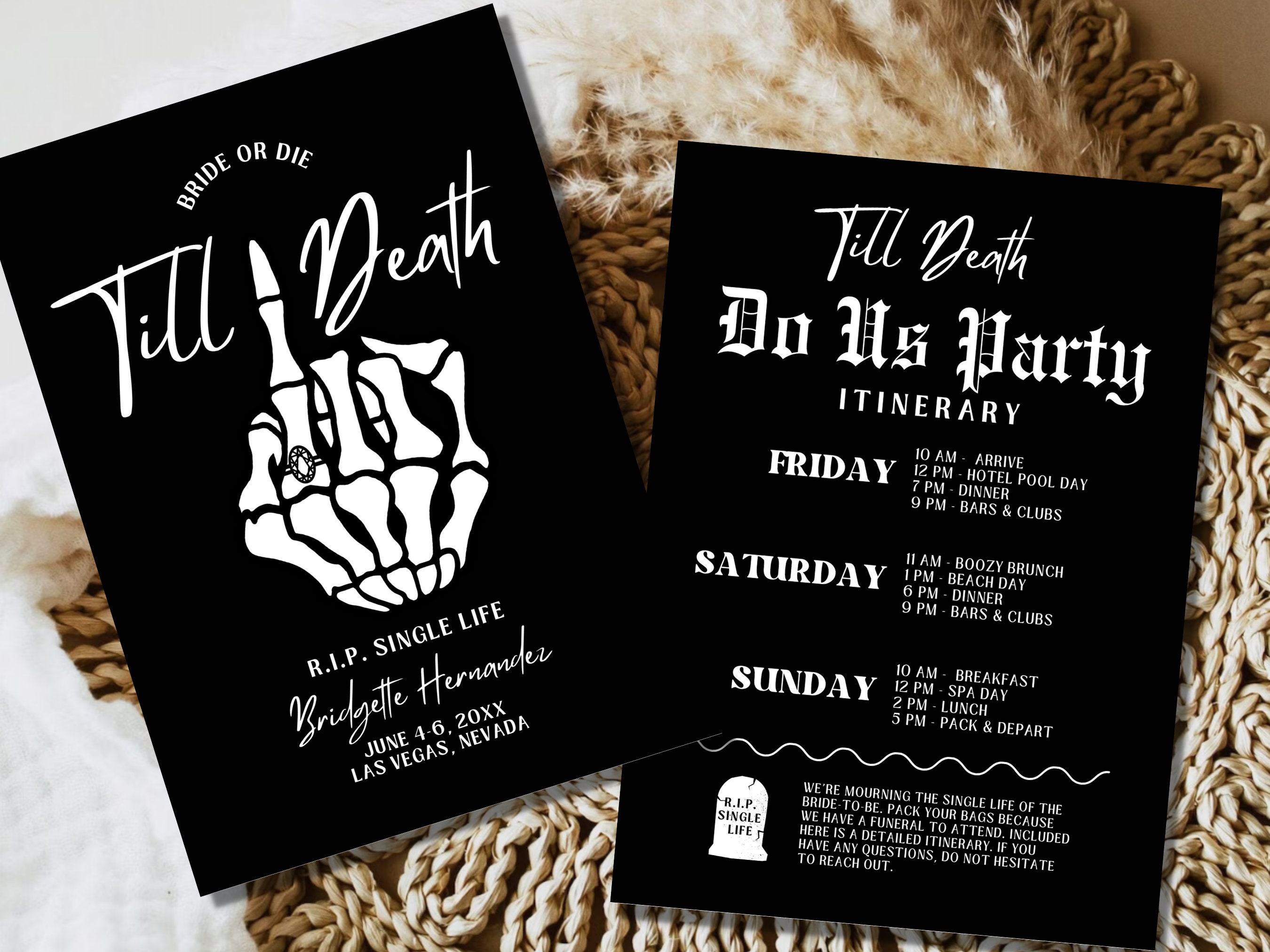 Till death do us party bachelorette invitation and itinerary template