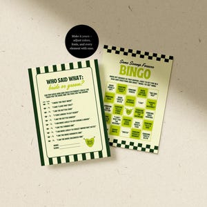 May include: Two green and white game cards. One card reads "Who Said What: bride or groom?" with a list of statements. The other card is a bingo card that reads "Same Swamp Forever BINGO".