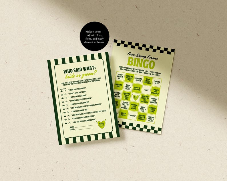 May include: Two green and white game cards. One card reads "Who Said What: bride or groom?" with a list of statements. The other card is a bingo card that reads "Same Swamp Forever BINGO".