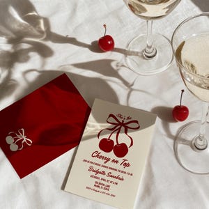 Cherry On Top Bridal Shower Editable Invitation Template Cherry Themed Bridal Shower She’s the Cherry On Top Hand Drawn Coquette Ribbon Bow
