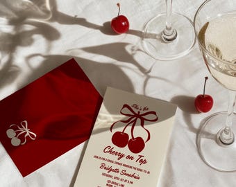 Cherry On Top Bridal Shower Invite Cherry Themed Bridal Shower She’s the Cherry On Top Hand Drawn Coquette Ribbon Bow Editable Invitation