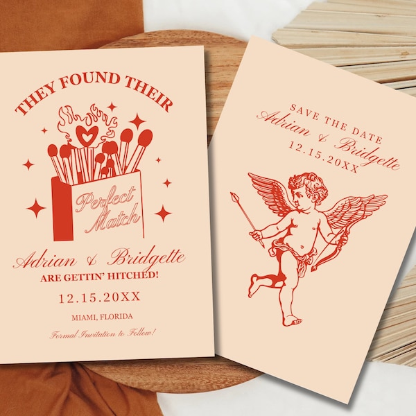 Perfect Match Wedding Save the Date Template Match Made in Heaven Wedding Invite Retro Cupid Wedding Quirky Wedding Invitation Retro Wedding