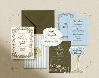 Coastal Wedding Bundle Templates Editable Seaside Wedding Invite Hand Drawn Beach Wedding Invitation Suite Whimsical Wedding Invite Colorful