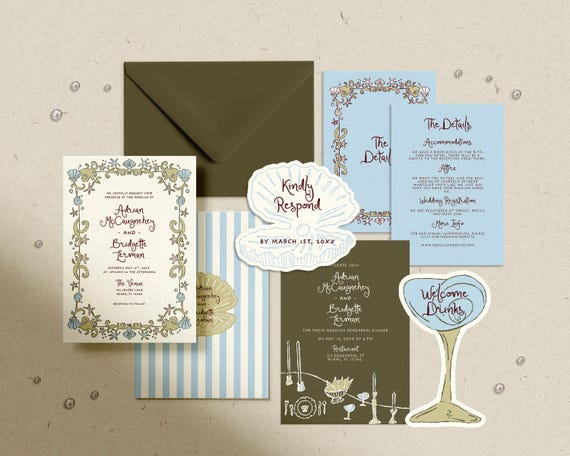 Coastal Wedding Bundle Templates Editable Seaside Wedding Invite Hand Drawn Beach Wedding Invitation Suite Whimsical Wedding Invite Colorful