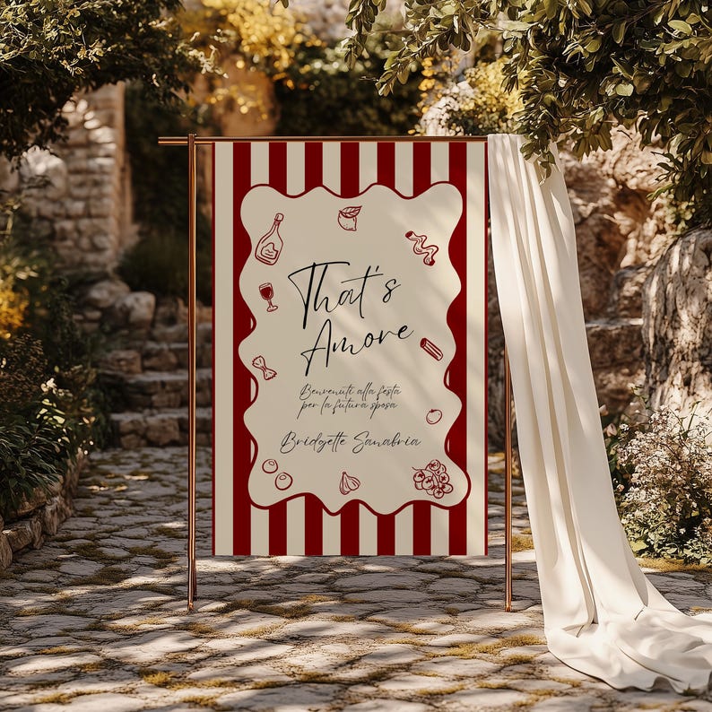 May include: A decorative sign with a red and white striped background and a cream-colored center. The sign reads "That's Amore" with Italian text below and illustrations of food and drink. The sign is displayed outdoors.