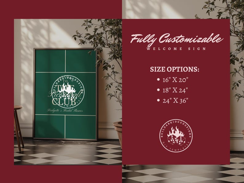 May include: A framed green welcome sign with white text that reads "Fully Customizable Welcome Sign." Size options are listed as 16" x 20", 18" x 24", and 24" x 36". The sign includes a logo for "The Pickleball Club."
