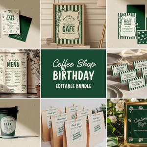 Könnte beinhalten: Eine Sammlung von Schreibwaren und Dekorationsartikeln zum Thema Café. Enthält ein gerahmtes Schild, eine Speisekarte, Rezeptkarten, Tischkarten, einen Kaffeebecher und Geschenktüten. Das Farbschema ist grün und cremefarben, mit dem Text "Coffee Shop Birthday Editable Bundle".