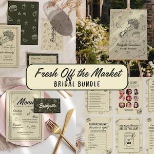Pack bouquet de douche nuptiale fraîchement sorti du marché Faire-part de douche nuptiale personnalisé Plaque de menu et marque-places de bienvenue personnalisés Carte de recette de douche nuptiale