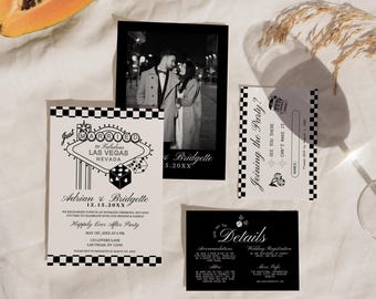 May include: A collection of wedding stationery, including invitations and RSVP cards, with a black and white theme. The invitation features a Las Vegas sign design and the names Adrian & Bridgette. The RSVP card has a checkerboard border.