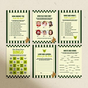 May include: A set of six Shrek-themed bridal shower game cards. The cards feature green and white checkered borders and include games like "Who Knows the Bride Best?" and "Write Her Vows." The cards have a light yellow background with green text and illustrations.