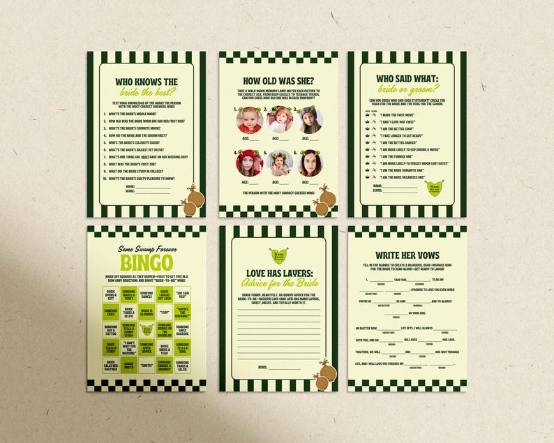 May include: A set of six Shrek-themed bridal shower game cards. The cards feature green and white checkered borders and include games like "Who Knows the Bride Best?" and "Write Her Vows." The cards have a light yellow background with green text and illustrations.