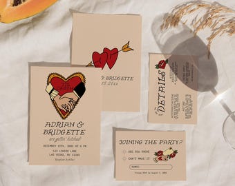 Traditional Tattoo Wedding Invitation Template: Invite, Details and RSVP Cards (Digital Download, Canva Templates)