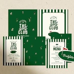 May include: A set of green and white golf-themed party stationery, including invitations and menu cards. The designs feature the text "Welcome to The Golf Club" and golf course imagery. A name tag is also included.