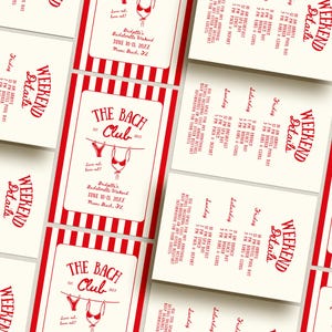 May include: Cream-colored cards with red text and a red and white striped border. The cards feature the text "Weekend Details" and "The Bach Club" with a lingerie graphic. The cards are for a bachelorette weekend in Miami Beach.