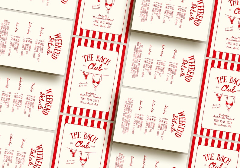 May include: Cream-colored cards with red text and a red and white striped border. The cards feature the text "Weekend Details" and "The Bach Club" with a lingerie graphic. The cards are for a bachelorette weekend in Miami Beach.