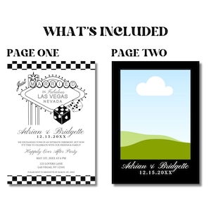 May include: Black and white wedding invitation with a Las Vegas theme. The invitation features a sign that says "Just Married" in a Vegas style font. The invitation also includes a dice and the text "Adrian & Bridgette 12.15.20XX".