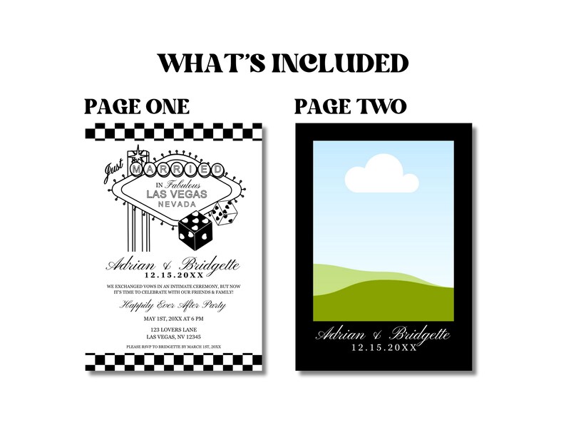 May include: Black and white wedding invitation with a Las Vegas theme. The invitation features a sign that says "Just Married" in a Vegas style font. The invitation also includes a dice and the text "Adrian & Bridgette 12.15.20XX".