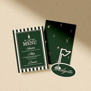 May include: Golf club stationery set featuring a menu, place card, and a card with golfers. The menu has a dark green border and reads "The Golf Club MENU". The place card is oval and reads "Bridgette".