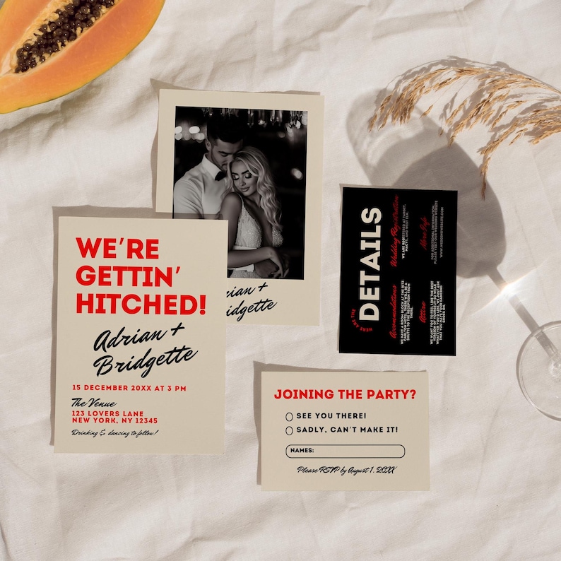 May include: A wedding invitation with a red and black color scheme. The invitation features a photo of the couple, the text "We're Gettin' Hitched!" and the names "Adrian + Bridgette". The invitation also includes the date and time of the wedding, the venue, and a RSVP card.
