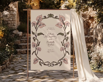 Botanical Wedding Welcome Sign Editable Anthurium Wedding Welcome Sign Hand Drawn Floral Wedding Sign Whimsical Wedding Sign Canva Template