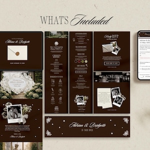 May include: A digital wedding invitation suite in shades of brown and white, featuring the names "Adrian & Bridgette" and the date "15 May 2000X". The design includes a tablet, phone, and various informational panels with photos and text.