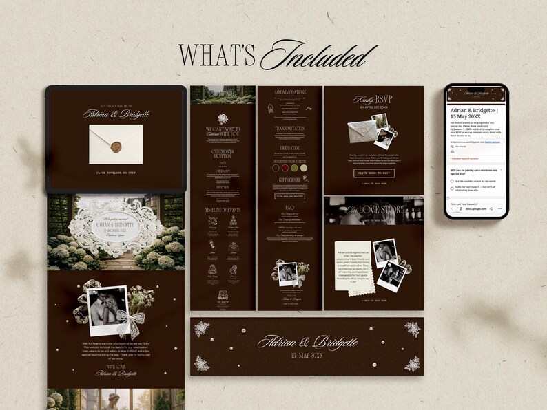 May include: A digital wedding invitation suite in shades of brown and white, featuring the names "Adrian & Bridgette" and the date "15 May 2000X". The design includes a tablet, phone, and various informational panels with photos and text.
