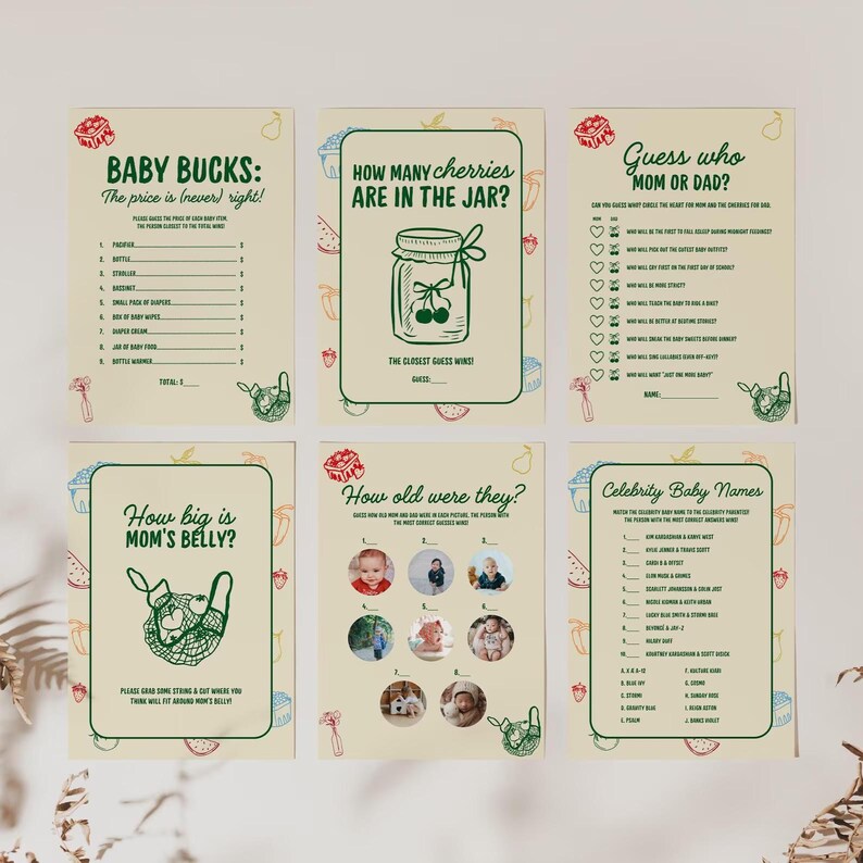 May include: A set of six baby shower game cards with a light beige background and green and red accents. The games include "Baby Bucks," "How Many Cherries," "Guess Who Mom or Dad," "How Big is Mom's Belly," "How Old Were They," and "Celebrity Baby Names."