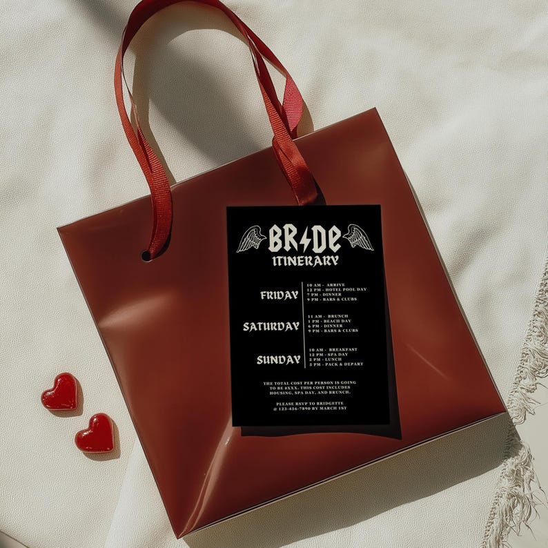 May include: A black card with white text that says "BRADE ITINERARY" with a graphic of wings and lightning bolts. The card lists a weekend itinerary with activities for each day, including arrival, dinner, brunch, beach day, spa day, and breakfast.