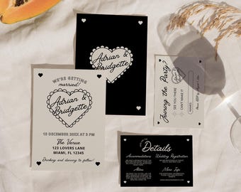 Whimsical Wedding Invitation Suite Template Editable Retro Wedding Invitation Template Hand Drawn Wedding Design DIY Wedding Details Card