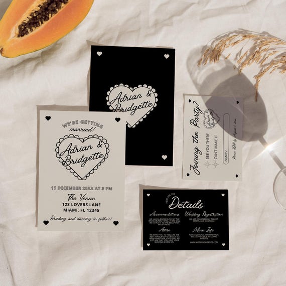 Whimsical Wedding Invitation Suite Template Editable Retro Wedding Invitation Template Hand Drawn Wedding Design DIY Wedding Details Card