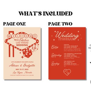 May include: A red and white wedding invitation with a Las Vegas theme. The front of the invitation features a welcome to Las Vegas sign with dice. The back of the invitation includes a wedding itinerary with dates and times for events.
